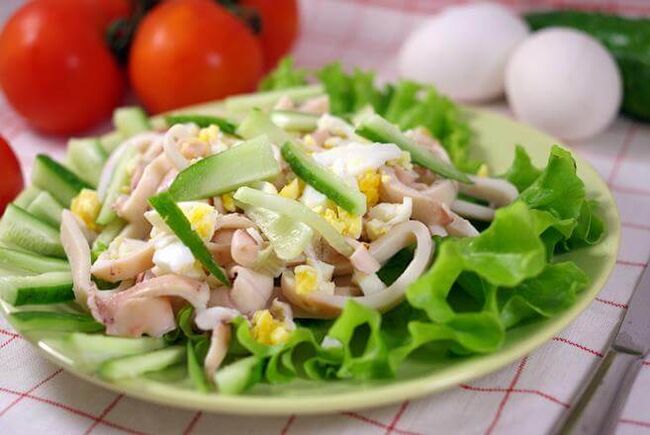Low Carb Diet Calamari Salad with Eggs and Cucumbers